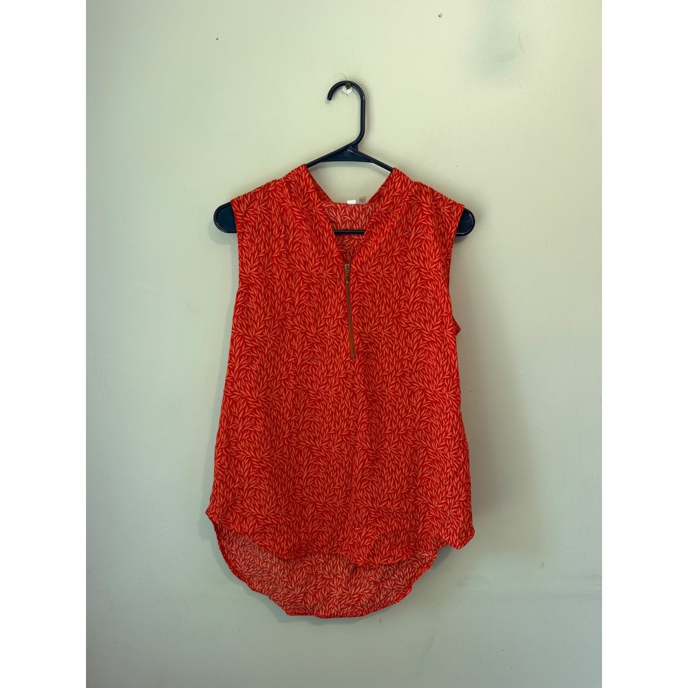 NY Collection Red Orange Leaf Print Sleeveless Quarter Zip Blouse MCT5412 Medium
